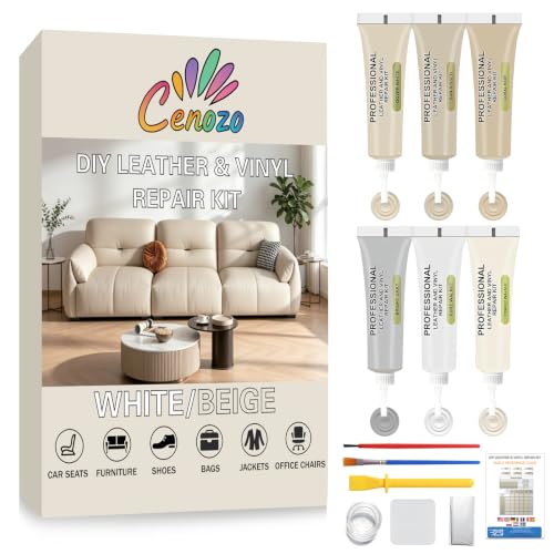 Blanco-Beige Kit Cuero Reparador,6 Mezclables Tintes para Cuero Liquido Reparación Localizada de Arañazos,Decoloraciones y Agujeros,Adecuado para Asientos de Coche,sofás,Cuero Compuesta,Polipiel