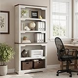 70 Inch Farmhouse Bookcase, Distressed White and Walnut Two-Tone Shelves, 5 Tier Bookshelf with Arched Trim, Living Room Storage Cabinet Unit, 31.5x11.8 Inches (Off White & Walnut, Open Shelf)