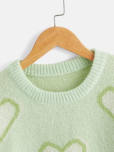 Shenhe Girl's Cute Heart Print Crew Neck Long Sleeve Knit Pullover Sweater Tops Green 13-14Y #TOP2