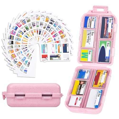 Image of Large Pill Box with 189 Medicine Labels - Pill Organizer with Stickers, Medication Travel Case (Pink, 1 Pack)