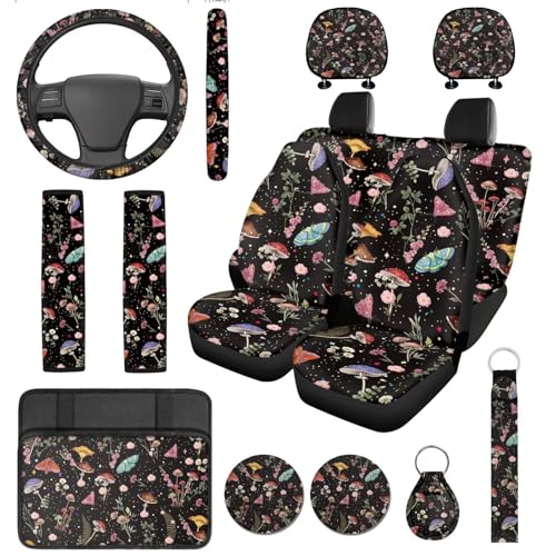 DBBXHZJY 14 Pcs Mushroom Car Seat Cover Set for Women,Auto Steering Wheel Cover Armrest Cushion Protector Seat Belt Covers,Mushroom Butterfly Car Accessories Set Universal Fit Cars SUV Trucks