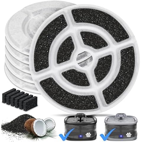 Kastty 6 Pack 18CM Larger More Activated Carbon Replacement F-ilters for 9L Large Dog Water Fountains, Food Grade, Made of Coconut Activated Carbon and PP Cotton, 6 + 6 P ump F ilters Cover