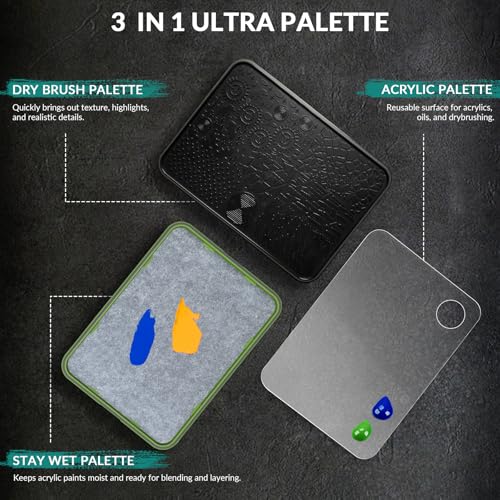 Image of Wet Palette, Dry Brush Palette and Acrylic Paint Palette, 3-in-1 Set with 11PCS Detail Paint Brushes Drybrush for Miniature Painting and Acrylic Paints, 100PCS Hydration Paper and 4PCS Sponges