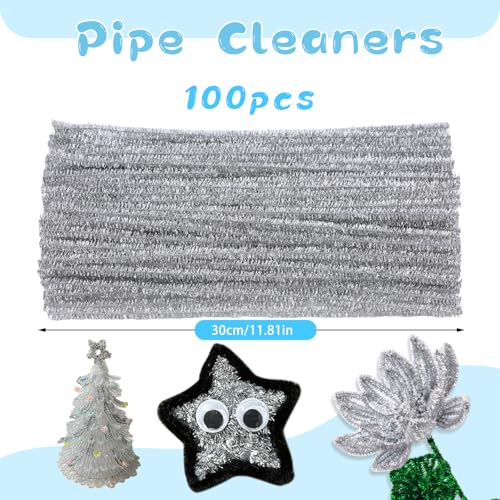 Image of ZXIIXZ 100 Pcs Pipe Cleaners, Glitter Silver Pipe Cleaner Craft Supplies