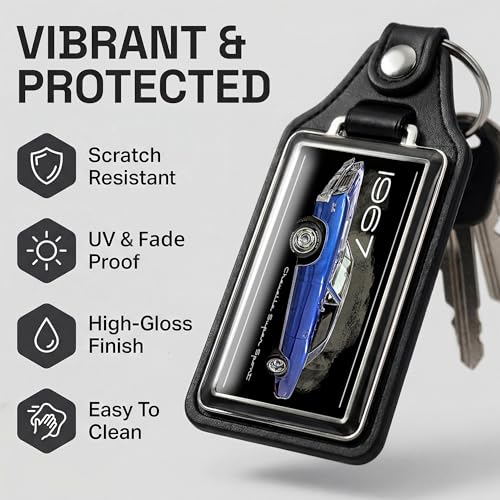 Image of Brotherhood 1967 Compatible with Chevelle Super Sport Royal Blue Design Faux Leather Key Chain Key Ring - Key Chains for Women and Key Chains Men for Classic Retro Cars
