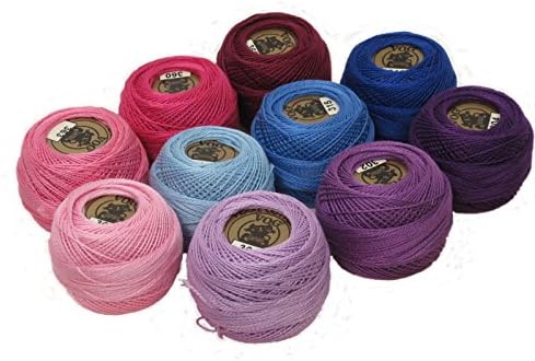 Vog© Perle Cotton Size 8 Embroidery Threads - Set of 10 Balls (10gr Each) - Pink, Purple and Blue Shades (Set No. 1)