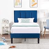 Twin Size Height Adjustable Upholstered Bed Blue Modern Contemporary Unisex Wood Finish Tufted