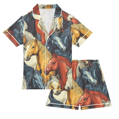 Satin Pajama Sets Short Sleeve Colorful Cool Horses Pattern Button Down Silky Nightwear 2 Piece PJS 5-14Y