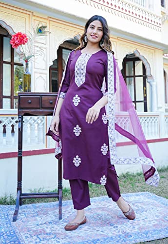 Image of GoSriKi Women's Cotton Blend Straight Embroidered Kurta with Pant & Dupatta (Tistha Green-Jan40-GS)