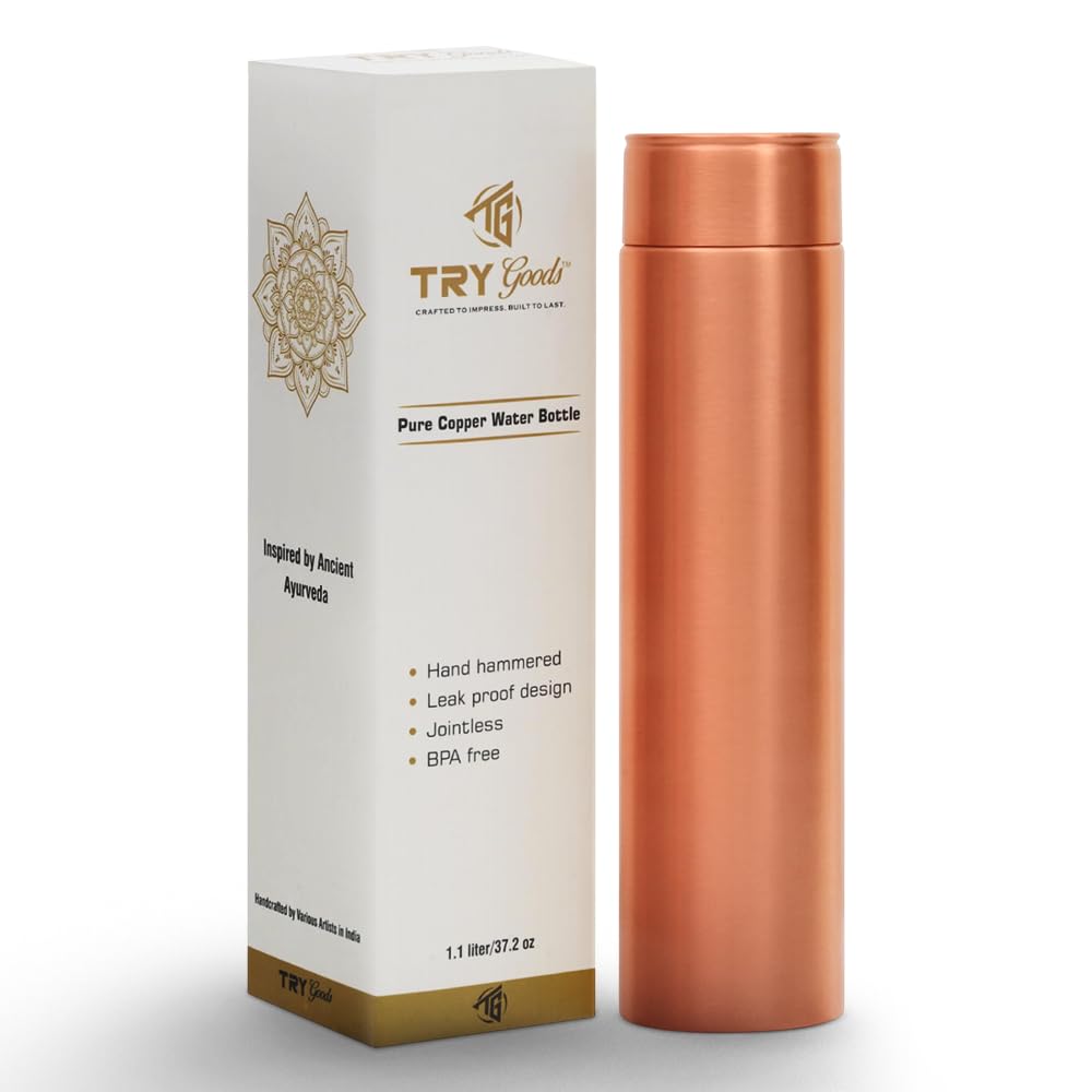 Copper Water Bottle 37.2 OZ/1.1 L Capacity Handmade Pure Copper Bottle for Drinking Plain Design with Healing Benefit Leak Proof Easy to Carry Ideal for Gym Hiking Sports & Office Use