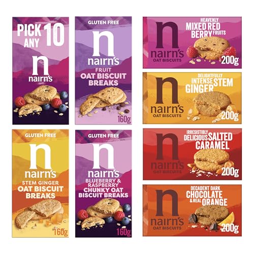 Nairns Oat Biscuits - Pick Any 10 - Gluten-Free & Non Gluten-Free Variety Pack Biscuits - Healthy Snacks - Assorted Flavours: Chocolate Chip Cheese Salted Caramel & More