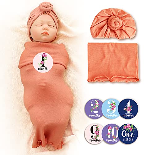 Image of Trilly Baby Swaddle Blanket Set with Turban - Coral Pink, 12 Milestone Stickers for Girls - Newborn Swaddle Blankets