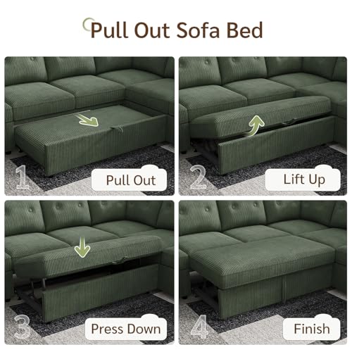 Image of HONBAY Sectional Sleeper Sofa with Pull Out Bed, Convertible 5 Seaters L Shaped Corduroy Sectional Couch for Living Room, Green