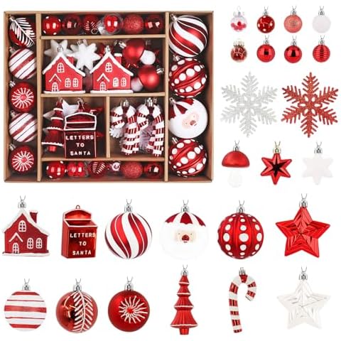 SHareconn 68ct Christmas Tree Balls Ornaments, Colorful Shatterproof Plastic Christmas Tree Ornaments, Xmas Decorative Baubles for Christmas Tree Decorations with Hanging Strings, Red & White Cover