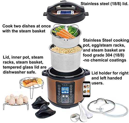 Yedi 9-in-1 Total Package Instant Programmable Pressure Cooker, 6 Quart, Deluxe Accessory kit, Recipes, Pressure Cook, Slow Cook, Rice Cooker, Yogurt Maker, Egg Cook, Sauté, Steamer, Copper
