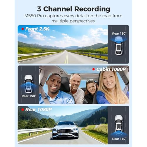 Image of AZDOME M550 Pro5G WiFi 3Channel Dash Cam for Car Built-in GPS, 4K+1080P Dual Dashcam for Front and Rear 1440P+1080P, 512GB, 3.19 inch IPS Screen, IR Night Vision, 24H Parking Mode - Car Accessories
