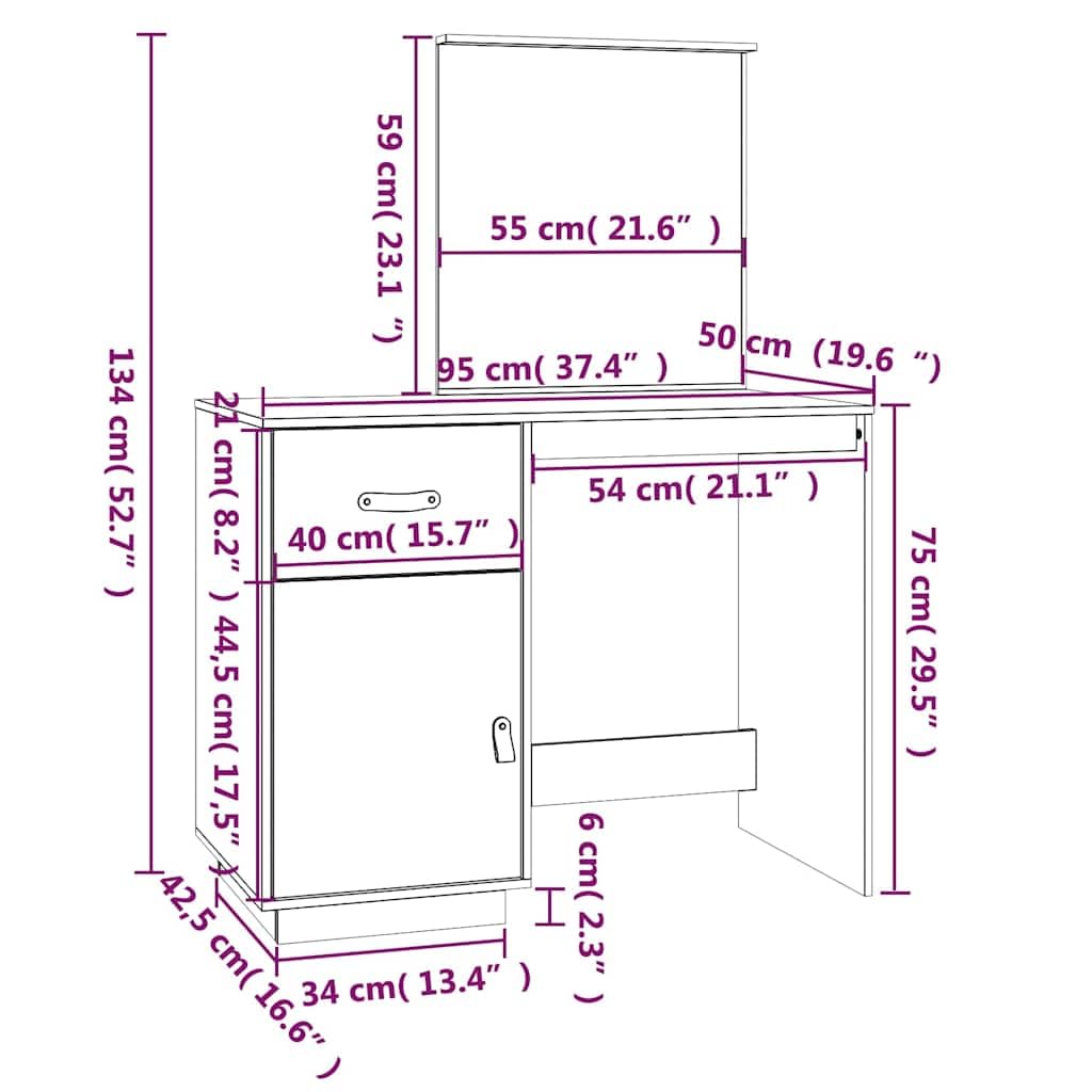 Schminktisch Grau 95x50x134 cm Massivholz Kiefer mit Spiegel Schublade 2 Fächer Schminkkommode Stauraum für Schlafzimmer Frisiertisch Make-up