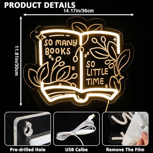 Image of PMCVYH So Many Books So Little Time Neon Sign for Wall Decor, Reading Led Signs for Library, USB Dimmable Neon Lights for Classroom Read Corner Bedroom Study Room Home Book Club Motivational Wall Art