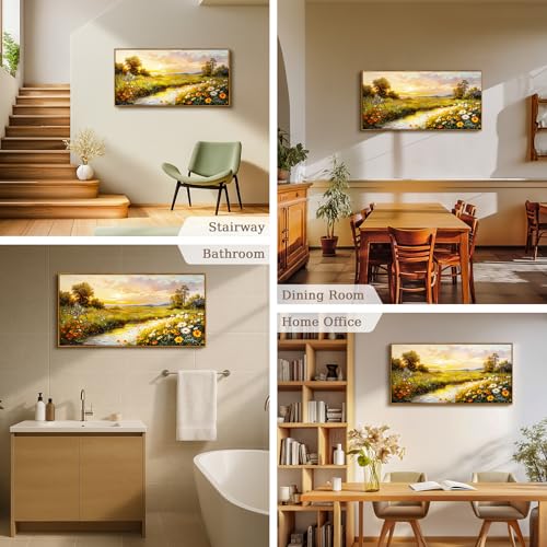 crmotu Large Landscape Wall Art, Flower Pictures Wall Decor, Framed Wall Art, Wetland Sunset Scenery Canvas Prints, Riverside Wildflowers Wall Paintings for Living Room Farmhouse Kitchen 20x40inch