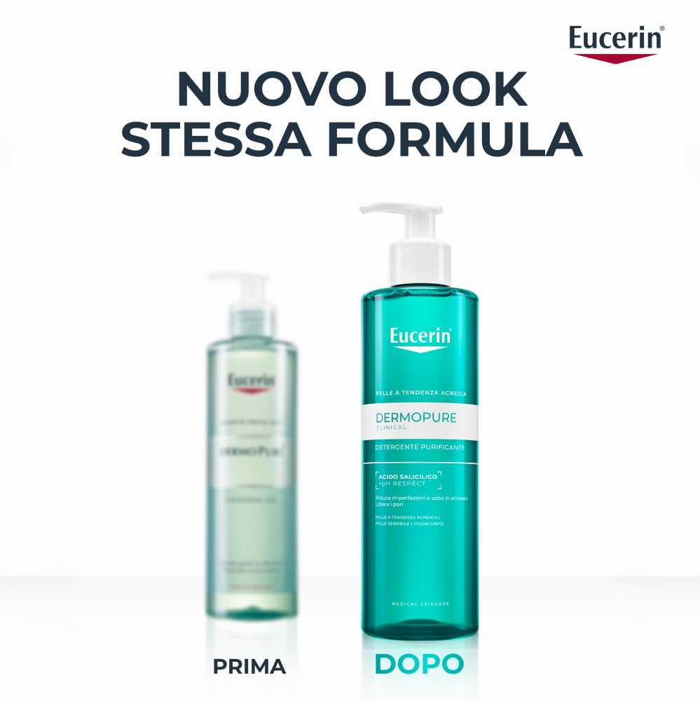 Eucerin DermoPure Clinical Gel Detergente Viso Purificante 400 ml, Detergente schiumogeno viso e corpo senza sapone efficace come struccante, Formula con Acido Salicilico per pelle grassa e acneica