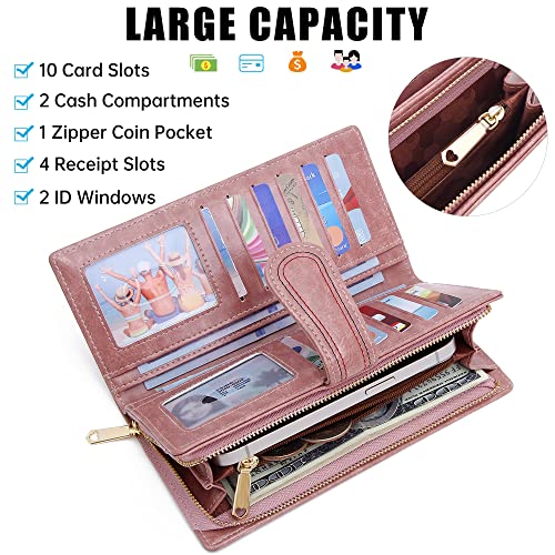 Leather Wallets for Women Large Capacity Credit Card Holder Ladies Travel Clutch Purse Bifold Oil Wax Wallet with Zipper Pocket3