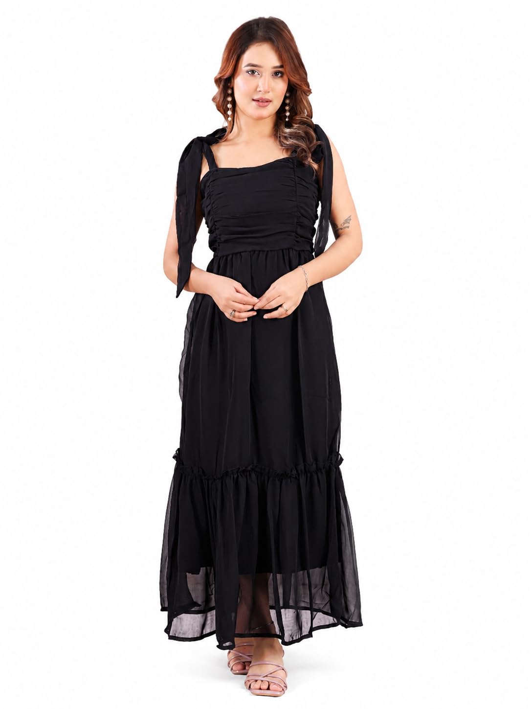 Women's Solid Georgette Maxi Dress with Square Neck, Gathered Bodice, Tie-Up Sleeves & Flared Hem | Elegant Party & Casual Wear-image-12