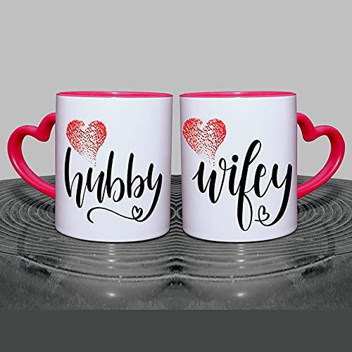 Murli Textiles Hubby Wifey Printed White Ceramic Coffee Tea Cup/Mug with Heart Shape Handle for Anniversary and Valentine's Gift (Set of 2, 350 ml)