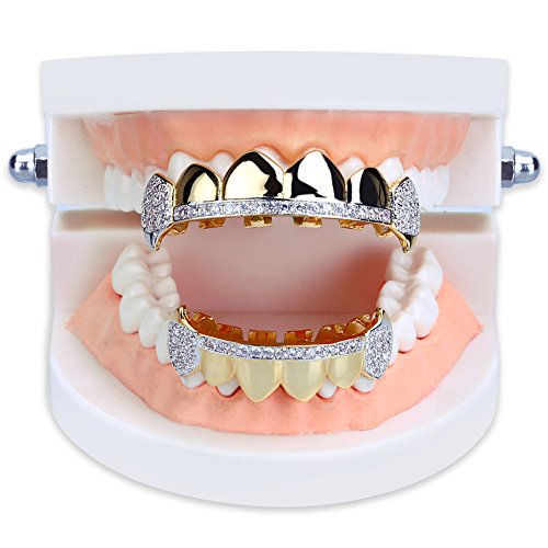 TOPGRILLZ 14K Gold Plated Iced Out CZ Top and Bottom Vampire Fangs Werewolf Grillz for Your Teeth Hip Hop Halloween Accessory4