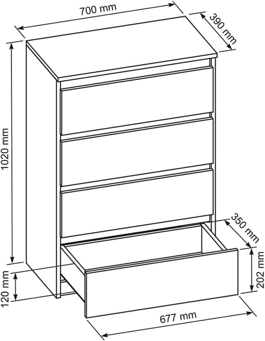 meble masztalerz Komoda Biała 70 cm Fronty Wysoki Połysk z 4 szufladami - 70,4x102x39 cm - Komoda do salonu, sypialni - Szafka z szufladami - Komoda z szufladami