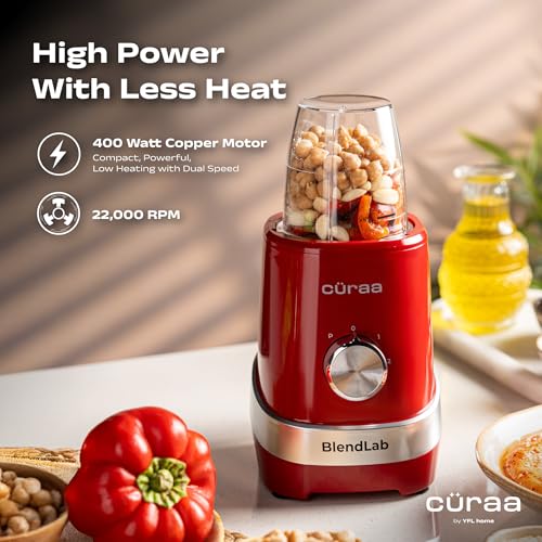 Image of Curaa BlendLab Mixer Grinder for kitchen 4 Jars 100% Copper Motor Stainless Steel Jar for Spice Grinding & Chutneys Compact Smoothie Blender Smoothies Maker 2 Year Warranty, 400w