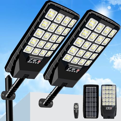 2 Pack Solar Street Lights Outdoor Waterproof, 6500K 20000LM Wide Angle Solar Powered Flood Light with Motion Sensor & Remote Control,Dusk to Dawn Commercial Solar Outdoor Light for Parking Lot