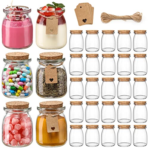 32 Pack Mini Yogurt Jars with Cork Lids - 7 oz, Small Pudding jars, Candle Jars, Little Canning Mason Jars, Spice Jars, Honey Pot Jars, Wedding Favors Gift Jars - Glass Containers with Label Tags & String