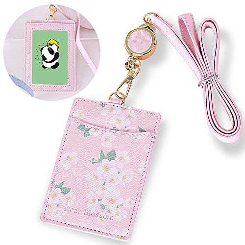 LEUYUAN Porte-badge avec Lanière & Rétractable Badges Reel en Cuir Artificiel pour les Bureaux ID D'école (Rose et fleur) pour Femmes Filles Cover