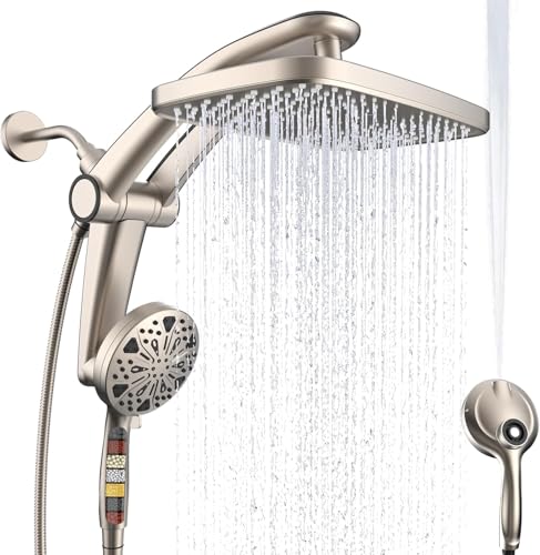 Rain Shower Head with filtered Handheld High Pressure rainfall Shower Heads with Handheld Spray Combo Adjustable one-piece stand daul shower head Built-in Magnetic Docking and Power Jets-brush nickel