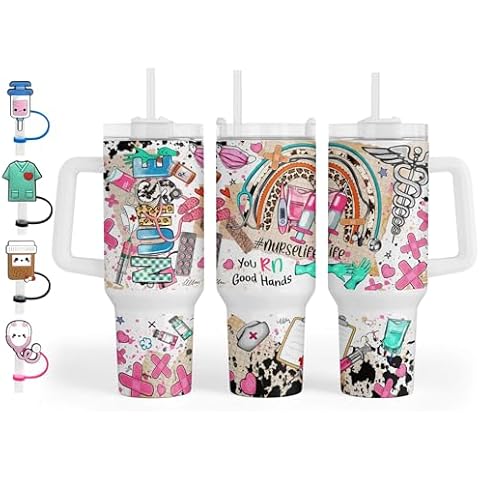 Fancyfams 40 oz Stainless Steel Travel Tumbler with Handle, Lid, and Straw, Nurse Gifts for Women Nursing Student, Practitioner, Registered Rn, Lpn Cool Appreciation Cup Mug (Nurse Life set - 40oz) Cover