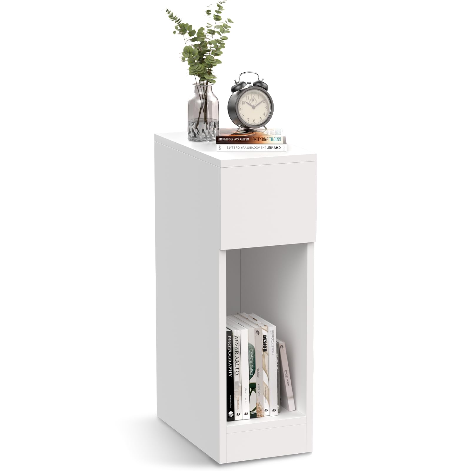 Warmiehomy Side Table with Storage Drawer and Shelf Slim Bedside Table Small Side Table End Table for Small Spaces Nightstand for Bedroom Livingroom Study Toilet,Easy Assembly(20x35x60cm/White)