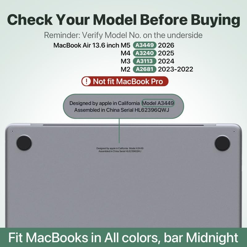 soonjet for macbook air 13 inch case, m5 m4 m3 m2, 2022-2026 a3449 a3240 a3113 a2681, color matched, snap-on design, fingerprint & scratch resistant, hard shell protective matte cover for mac air 13.6 turquoise green
