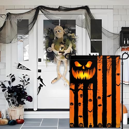 Halloween Garden Flag for Outside 12×18 Inch Double Sided Scary Pumpkin Garden Flag Skeleton American Flag for Indoor House Outdoor Yard Holiday Decor