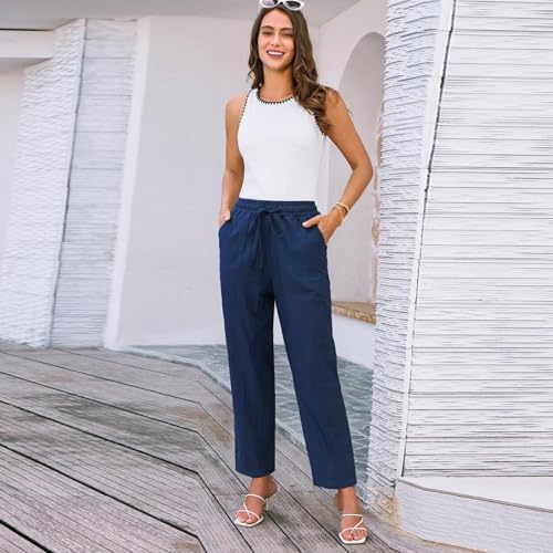 Women Cropped Linen Pants Lightweight Summer Drawstring Pant Petite Length Straight Leg Tapered Pants with Pockets2
