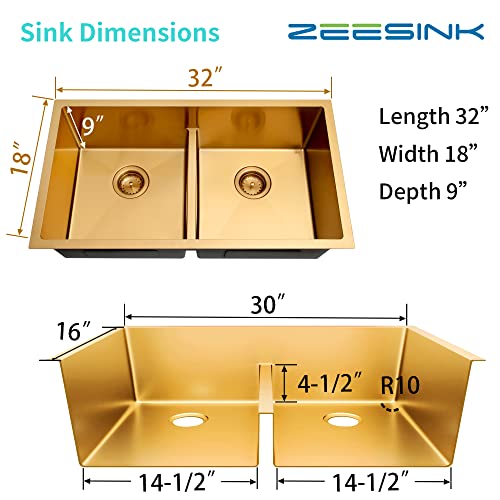 Zeesink 32" X 18" Double Bowl Kitchen Sink,Low-Divide 50/50 Double Sink,Undermount Kitchen Sink Gold,16 Gauge Stainless Steel Kitchen Sink #TOP4