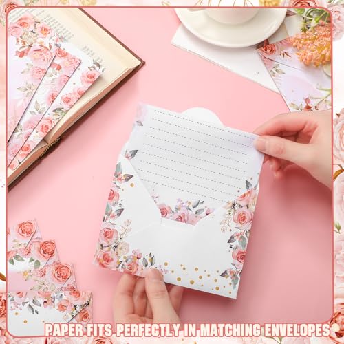 Image of TaoBary 160 Pcs Pink Floral Stationery Paper and Envelopes Set 50 Double Sided Lined Stationery Paper with 50 Matching Envelopes and 60 Round Dot Sticker 5.5 x 8.25'' Letter Writing Kit, 10design