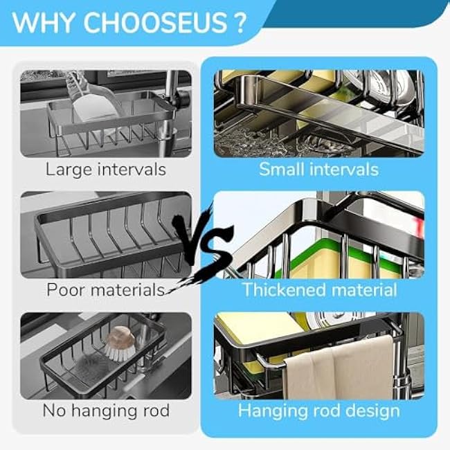 Kitchen Sink Caddy Organizer,Equipped with A Drainage Tray Sponge Holder,Faucet Organizer Rack for Bathroom,Adjustable with Hooks, Suitable for Kitchen and Bathroom, Left Side