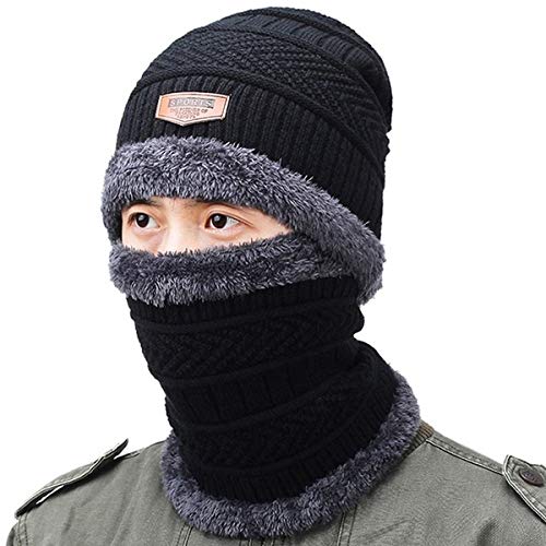 Sikander™ 2-Pieces Winter Beanie Hat Neck Scarf Set Warm Knitted Fur Lined for Men & Women Black Color (B08CDLQ2PF) Amazon Price History, Amazon Price Tracker