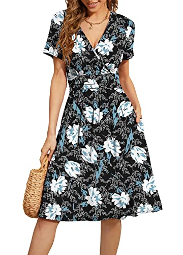 Image of WEACZZY Women's Summer Short Sleeve Casual Dresses V-Neck Floral Party Dress with Pockets