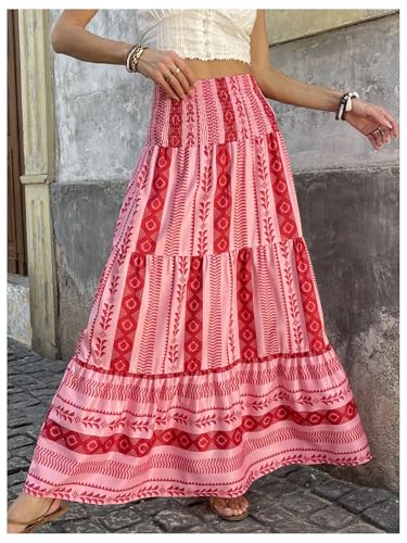SweatyRocks Women's Summer Boho Maxi Skirts Flowy Ruffle Tiered Shirred Elastic Waist Beach Skirts4