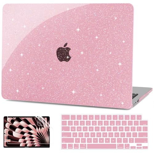 G JGOO Compatible with MacBook Air 13 inch Case 2026 2025-2022 M5 A3449 M4 A3240 M3 A3113 M2 A2681, Glitter Hard Shell for MacBook Air 13.6 inch Case + Keyboard Cover + Screen Protector, Sparkly Pink