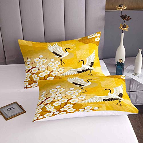 Loussiesd Japanese Ukiyoe Them Bedding Set for Girls Boys Children Floral Print Bedding & Linen Hokusai Pattern Duvet Cover Japanese-Style Bedspread Cover Yellow Single Size 2Pcs Bedclothes - Image 3