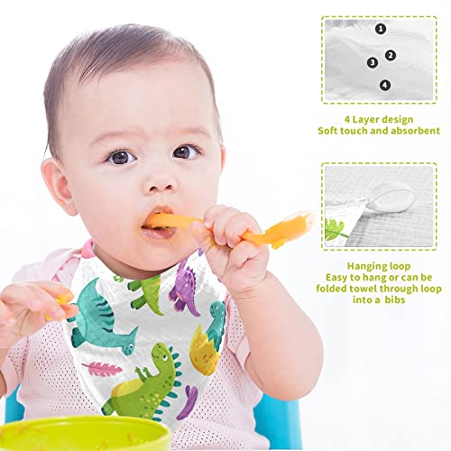 Image of Cartoon Dinosaur Baby Muslin Washcloths Cute Burp Cloths Soft Absorbent Baby Wash Cloth Fingertip Face Towels for Newborn Boys Girls 12 x 12 in, 5 Pack