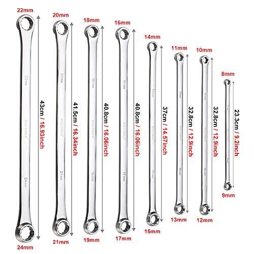 Image of BULLTOOLS Extra Long Double Box End Wrench Set Chrome Vanadium Steel Aviation Wrenches Metric 8-24mm with Organizer Box (8-Piece)
