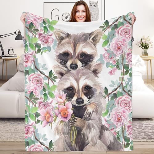 Watercolor Raccoon Flower Blanket Gifts for Girls Cute Floral Raccoon Plush Flannel Throw Blanket for Kids Cow Lover Highland Cow Cozy Fluffy Blanket for Women Women Couch Bed Sofa 130x150 cm